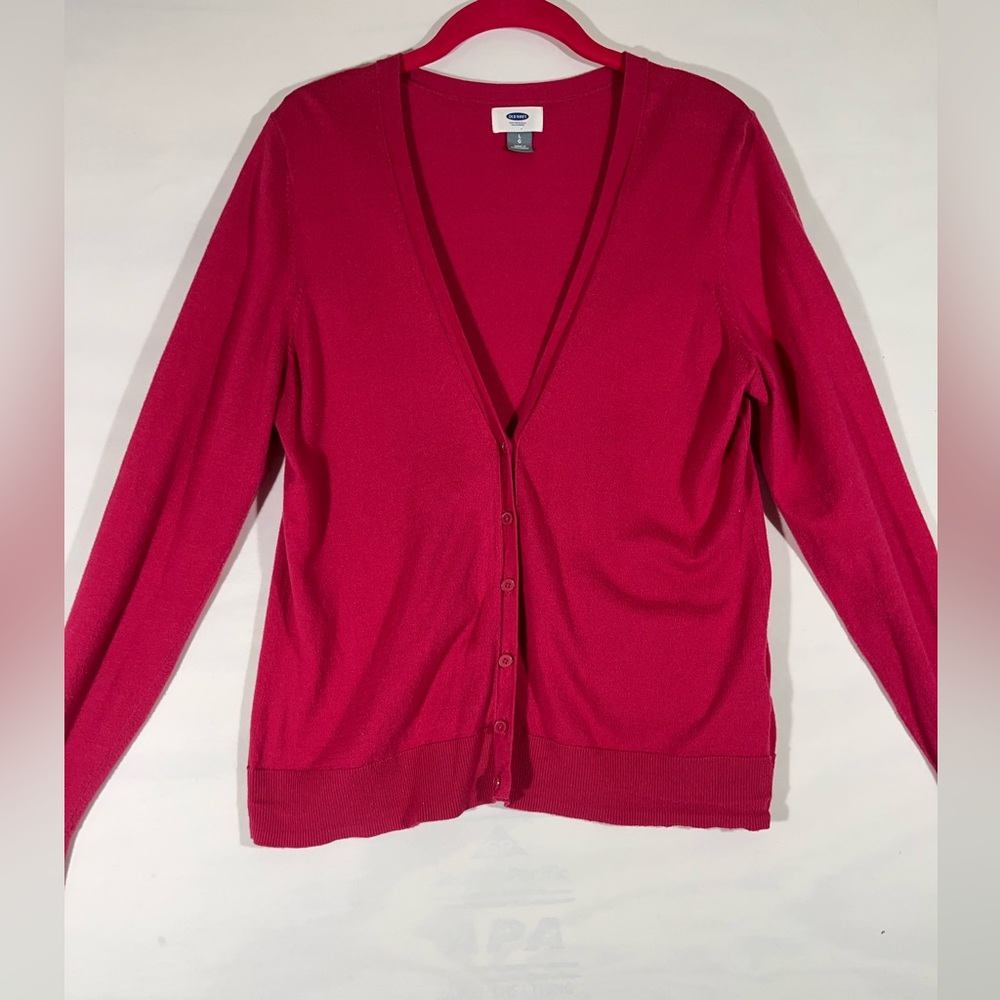 OLD NAVY V NECK CARDIGAN WOMEN L FUCHSIA LONG SLEEVE 100% COTTON BUTTON UP
